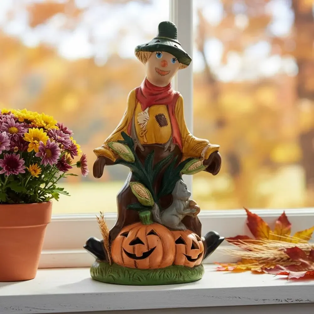 Vintage Ceramic Scarecrow & Pumpkin Luminary | 1970s/80s Halloween Decor